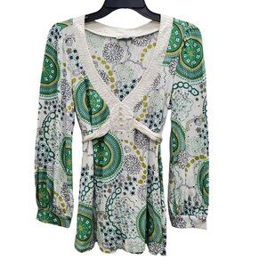 Guess Women's Retro Green White Paisley Boho Tie Back 3/4 Sleeve‎ Tunic Size L